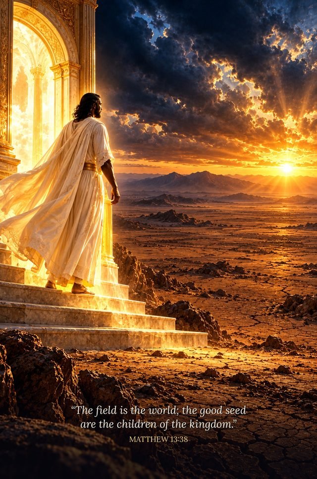 The Son comes out of the house of light and looks at a parched field