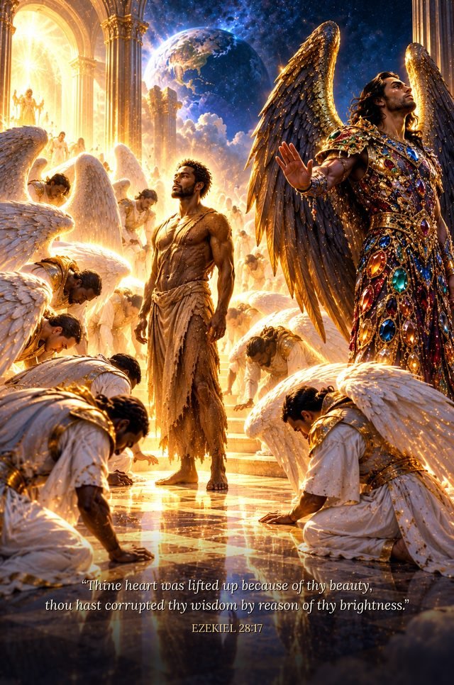 The angels bow before the man of earth; the cherub covered with stones refuses
