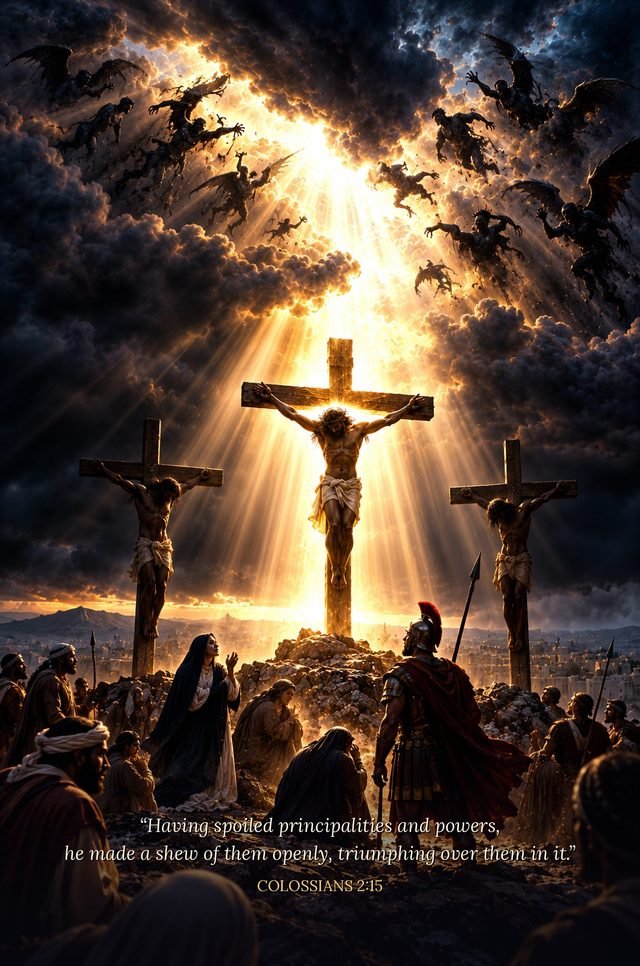 The cross in the light, the powers of darkness fleeing