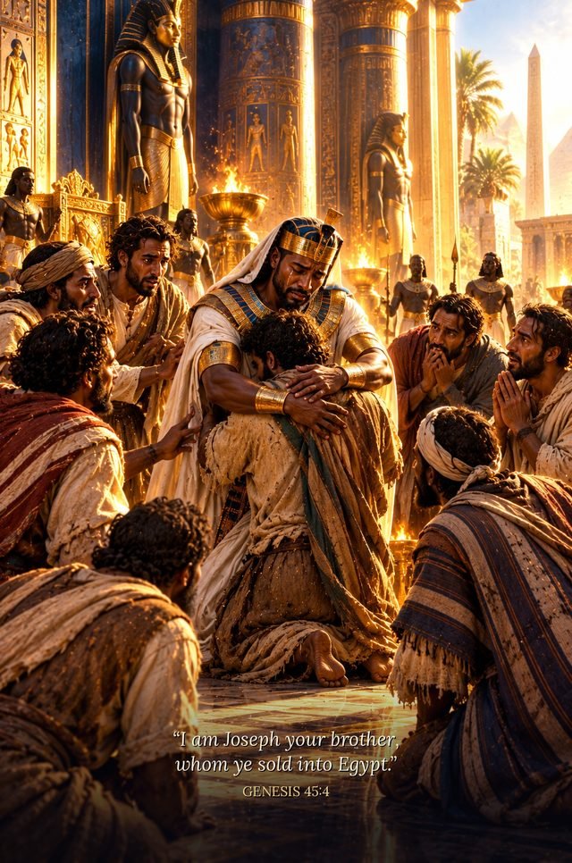 Joseph, dressed as an Egyptian, makes himself known to his brothers