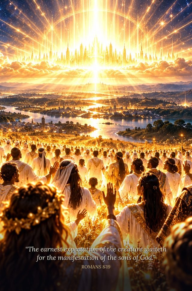 A multitude in white before a city of light