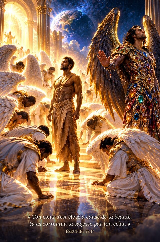 Les anges s’inclinent devant l’homme de terre ; le chérubin couvert de pierres refuse